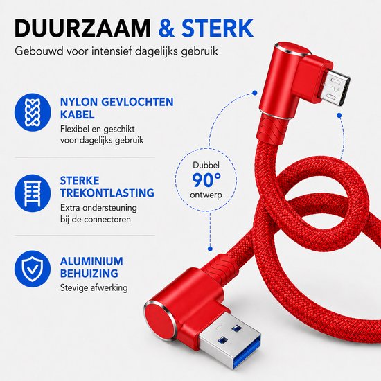 Câble rouge avec USB-A et Micro USB à 90 degrés. Câble tressé nylon, forte décharge de traction, boîtier aluminium. "DURABLE & SOLIDE"