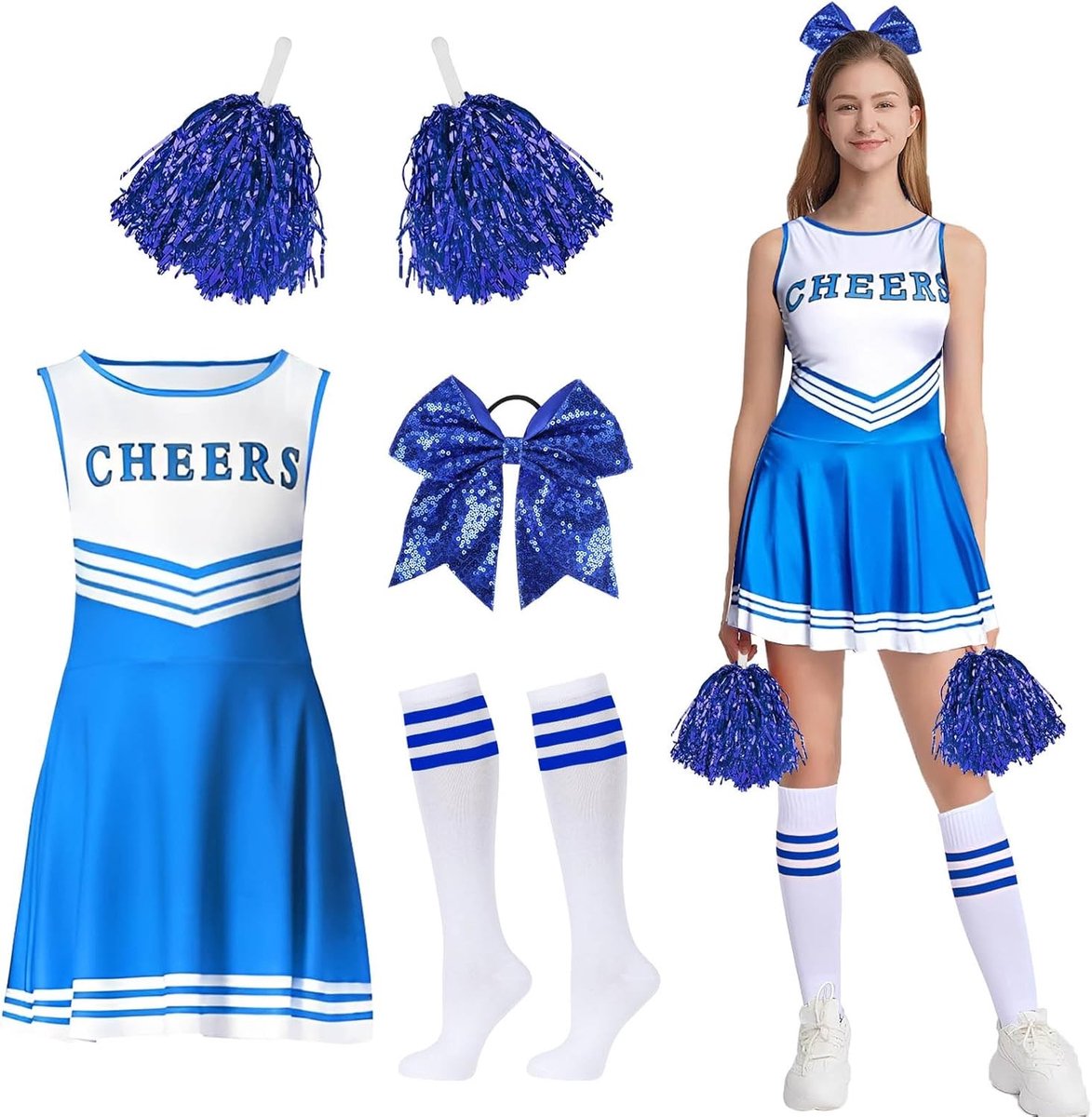 Vrouwelijk Cheerleader Kostuum met Pompoms, Sokken en Hoofdband voor Themafeesten en Carnaval