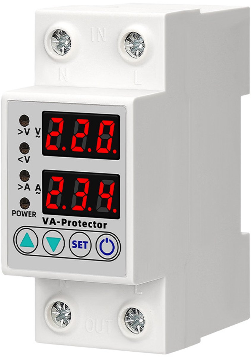 longziming -Spanningsbeveiliging DIN Rail 220V – Over- en Onderspanningsbeveiliging met LED Display – Instelbare Stroom- en Spanningsbeveiliging – Automatische Reset – 1-63A