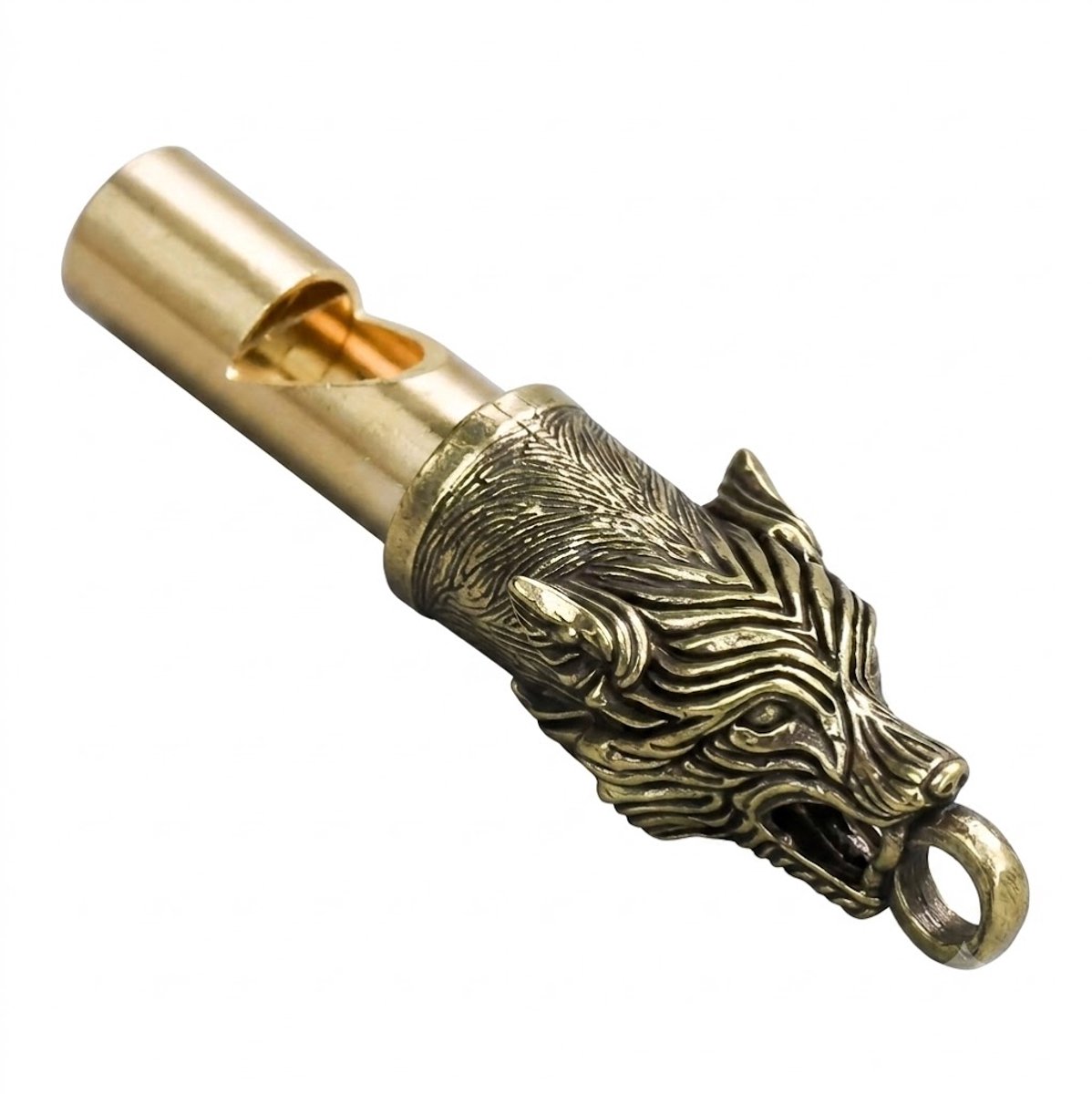 Messingkleurig noodfluitje hondenfluitje met wolf hoofd sleutelhanger voor outdoor survival wandelen kamperen metalen fluitje compact draagbaar retro ontwerp EDC accessoire