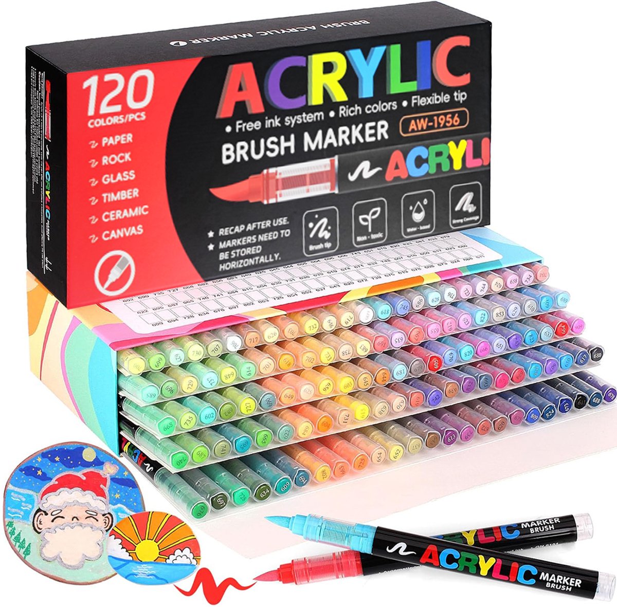 Acrylmarkers Set - Watervaste Acrylverfstiften - 120 Heldere Kleuren - Ronde Punt van 1–5 mm - Watervaste en Sneldrogende Inkt op Waterbasis - Transparante Behuizing met Uitschuifbare Opbergbox - Voor Tekenen, Decoreren en Diverse Oppervlakken