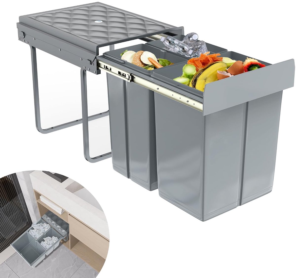 2 x 10 l + 1 x 20 l inbouwvuilnisemmer, afvalscheidingssysteem, uittrekbare meervoudige container, afvalverzamelaar, kastvuilnisemmer, geurdicht, comfortabele toegang voor keuken, 48 x