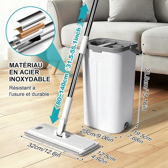 Dweilmop set met emmer, 140 cm roestvrij stalen handgreep, dweil en poetsemmer, vloerwisser met 5 microvezelpads, wisserbodem met uitwringfunctie voor alle vloeren — afbeelding 3