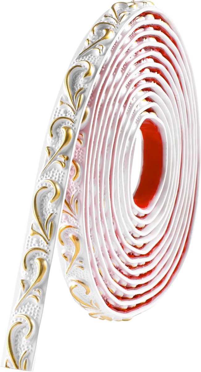 5M Molding Trim Zelfklevend, Schil en Plak Muurplafond Decoratieve Trim, 3D Behang Grens, Tegel Trims en Rand, Sticky Wandlijnen voor Spiegelrand, TV Achtergrond Muur (Wit met Goud, 2CM)