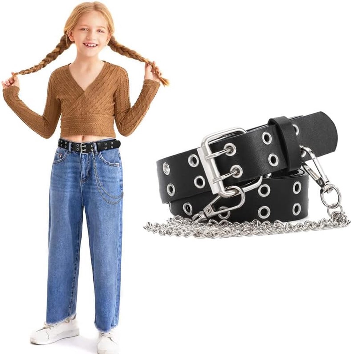 Meisjesriem met ketting kinderen punk PU lederen tailleriem met afneembare ketting zwart 90 cm, zwart