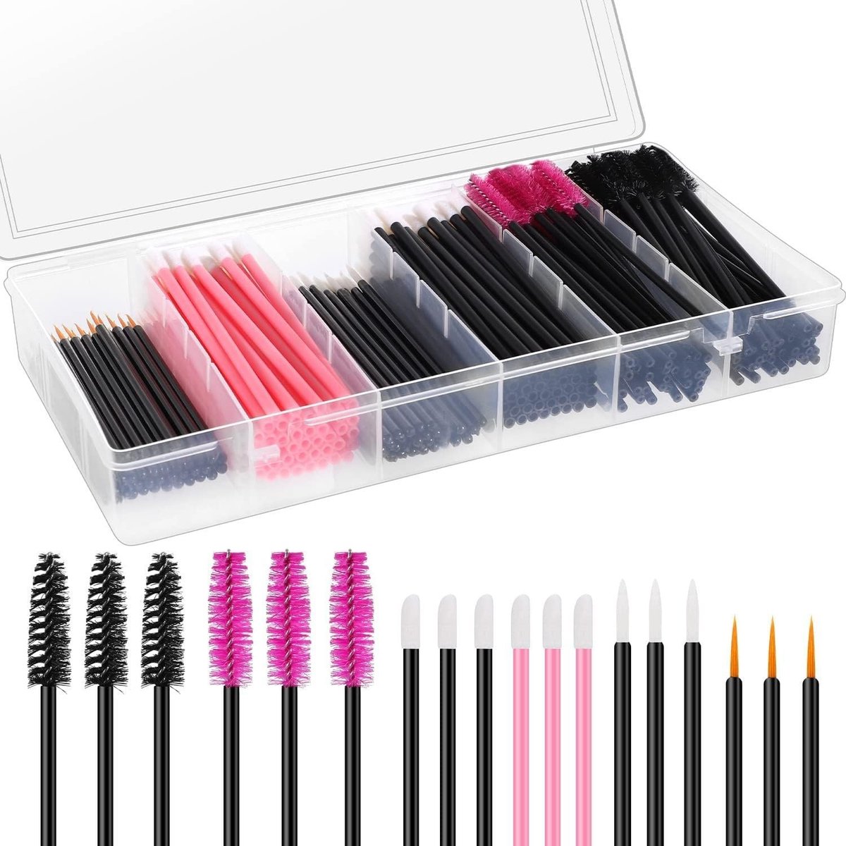 250 stuks wegwerp wimperkwasten, draagbare lippenkwast, wegwerp-wimperborstel voor mascara, wimperverlenging, wegwerp eyelinerkwast met organizer box (zwart set 250)