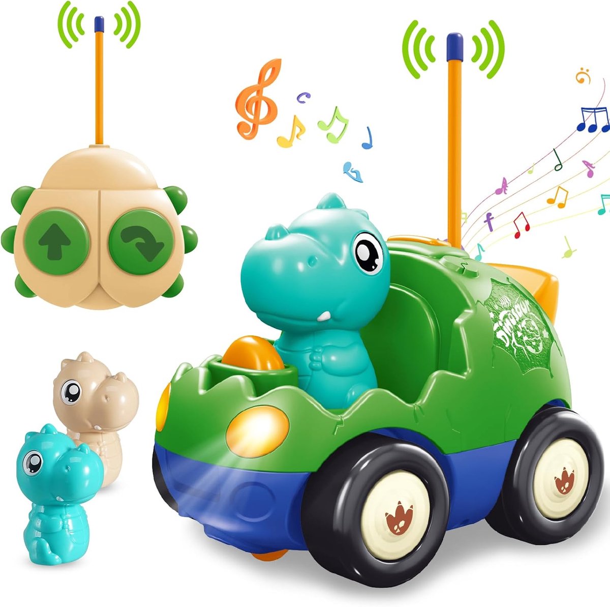 Go Dinosaurus-afstandsbedieningsauto voor peuters van 1 2 3 jaar oud | RC-speelgoedauto met muziek- en lichteffecten, 2 uitneembare dinopoppetjes, ideaal cadeau voor jongens en meisjes (bosgroen)