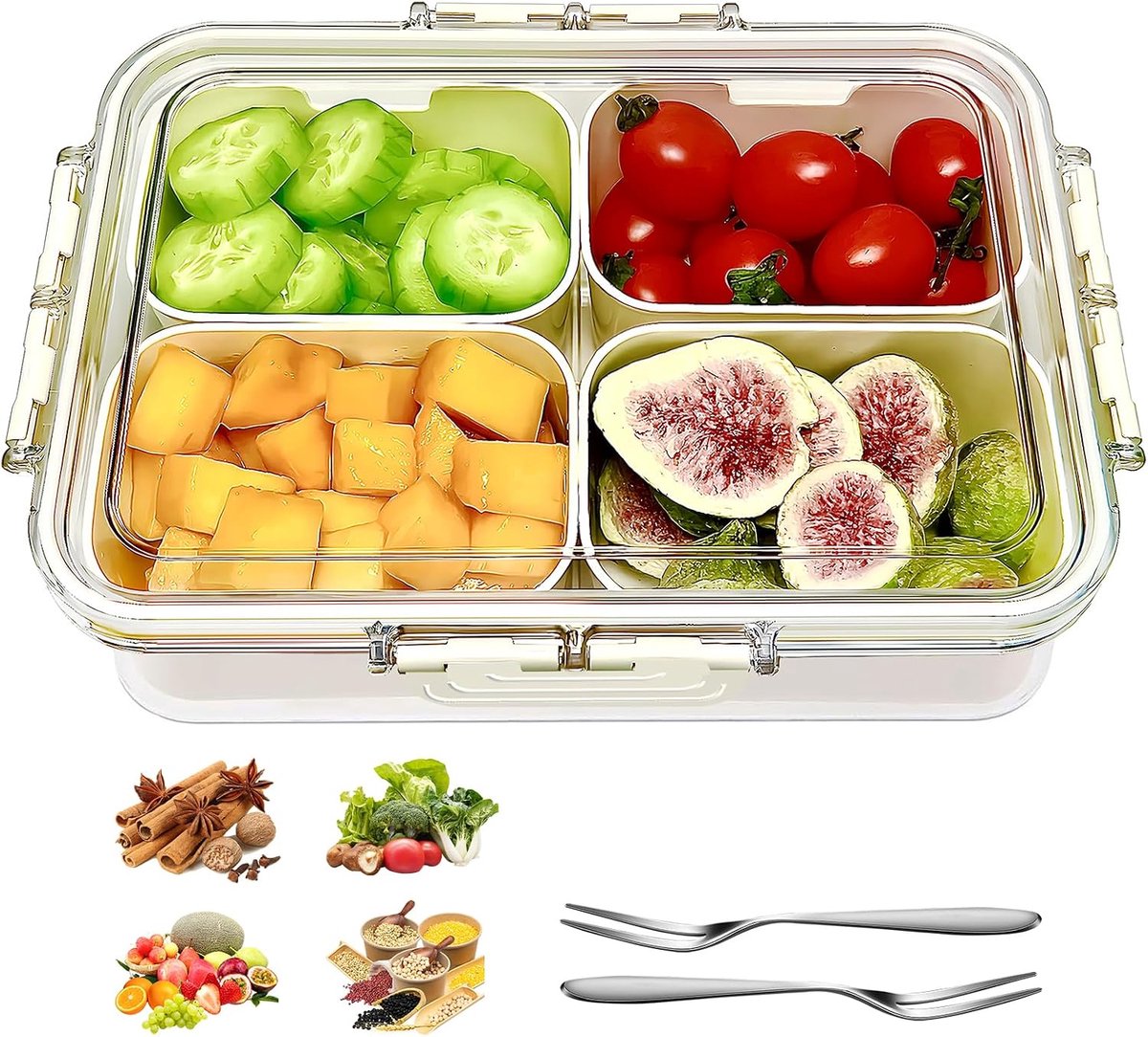 Snackbox met vakken, snackschaal met deksel, kunststof onderverdeling, snackbox organizer, snackbox met deksel, snackbord met vakken voor zoetigheden, snoep, veganistisch, koekjes, noten, fruit