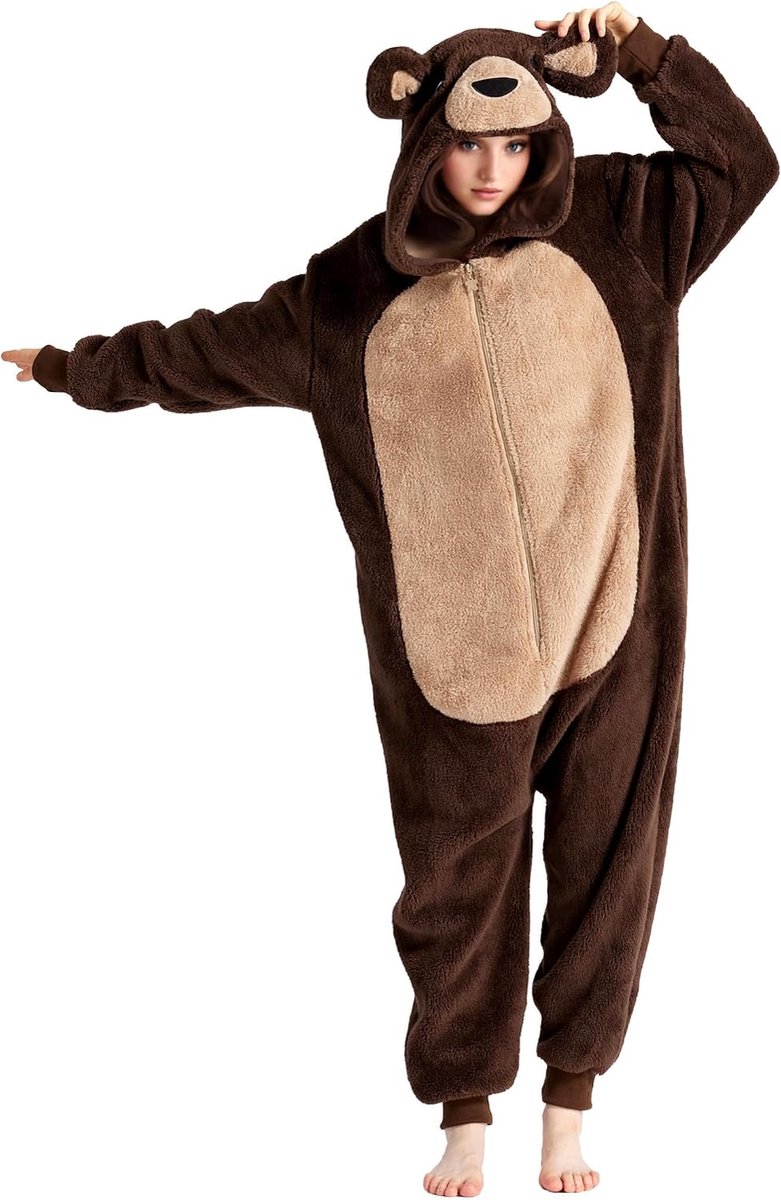 dressfan Unisex pluizig schattige beer onesie pyjama kostuum, beer Halloween carnaval kostuum kerstcadeaus pyjama voor dames en heren