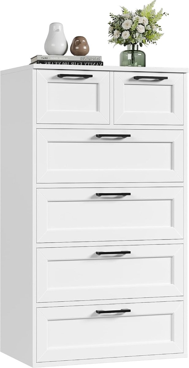 Dressoir Wit, slaapkamerkast met 6 laden, hoog ladekast sideboard voor woonkamer, slaapkamer, hal, modern, hout
