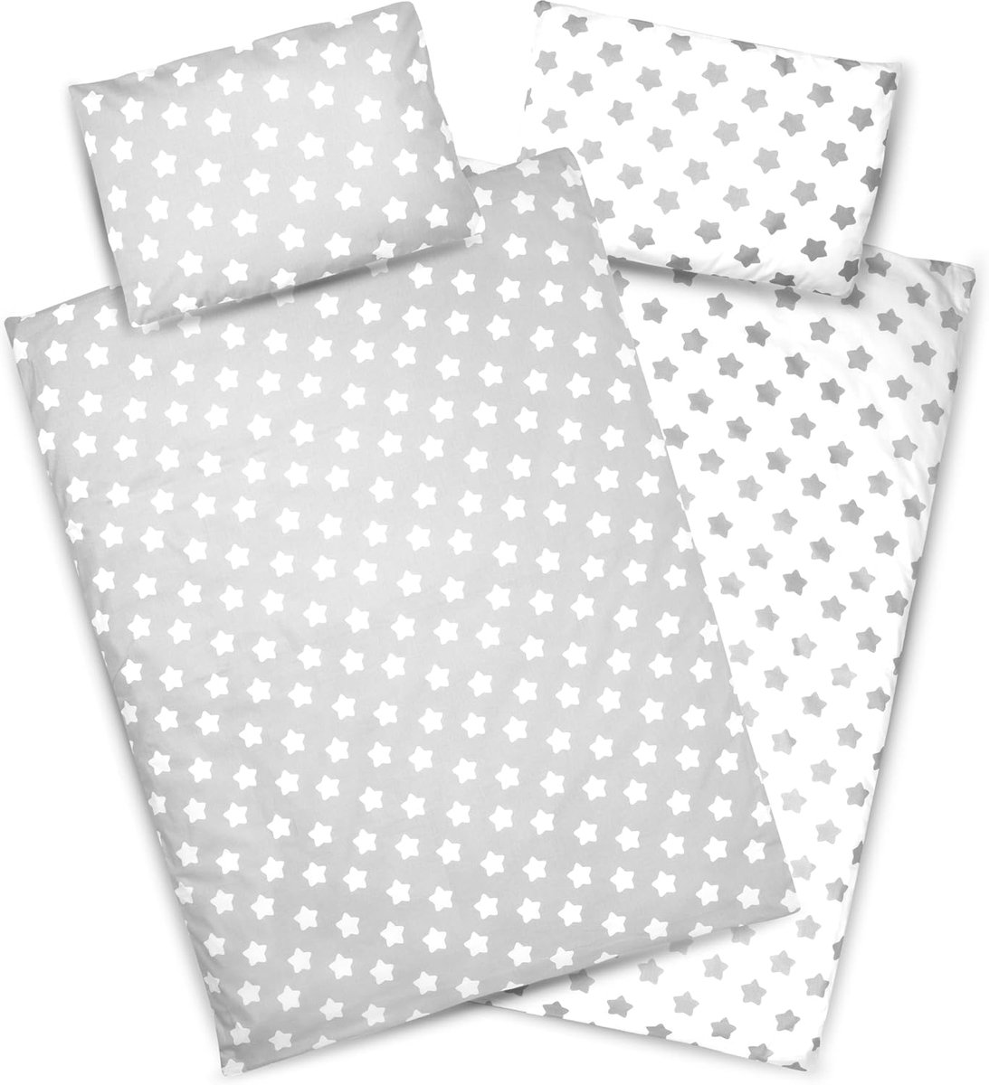Baby- en Kinderbeddengoed dubbelzijdig: Deken 100 x 135 cm + Kussen 40 x 60 cm, voor meisjes & jongens van 100% katoen, Öko-Tex Standaard 100, gemaakt in EU, sterren grijs