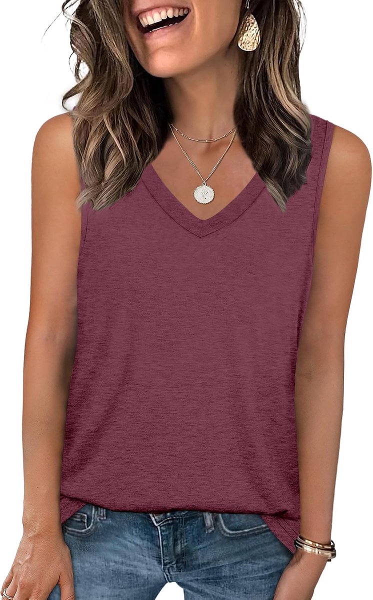 Chique en elegante damestanktop, V-hals, zomer, mouwloze tops, abrikoos