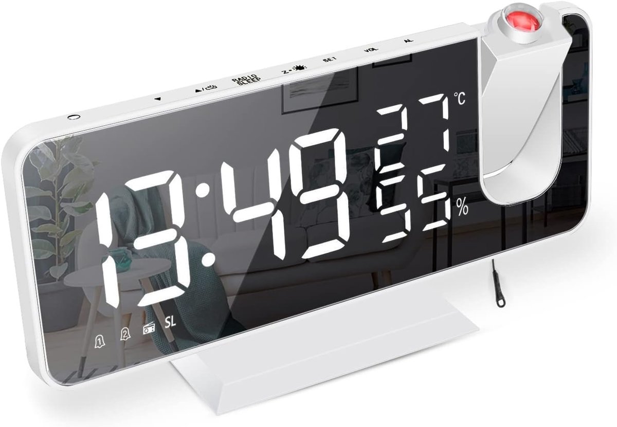 Wekker met Projectie,Digitale Projectiewekker met 7,5 inch gespiegeld LED-display,FM-radio,Snooze Dubbel Alarm,Helderheid van 4 Schermen,Automatische Dimfunctie,USB-poort (Wit)
