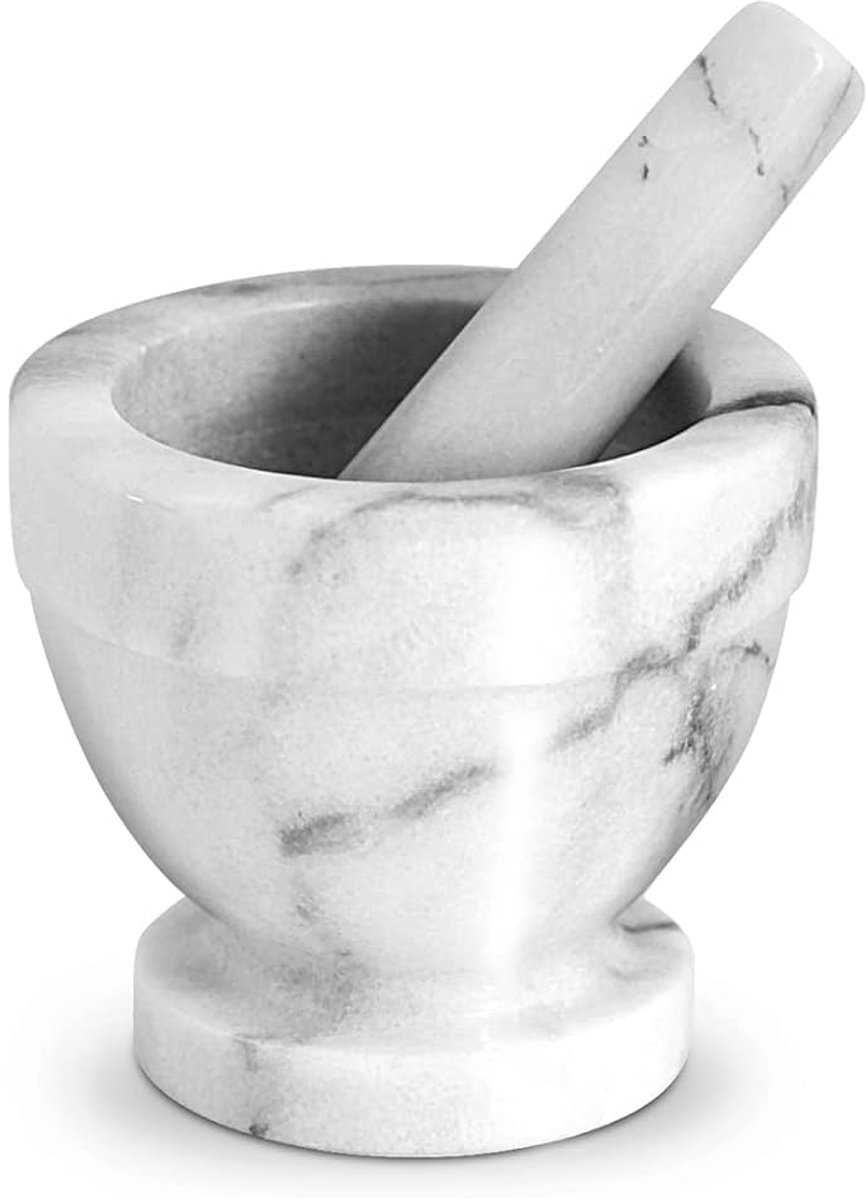 Vijzel met stamper, marmer, wit/grijs, 10 cm