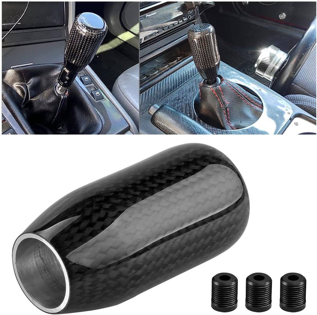 Wave Stick-pookknop Koolstofvezel schakelhendel Universele auto handmatige schakelhendel met 3 adapters Versnellingspookafdekking voor voertuigen (Zwart)