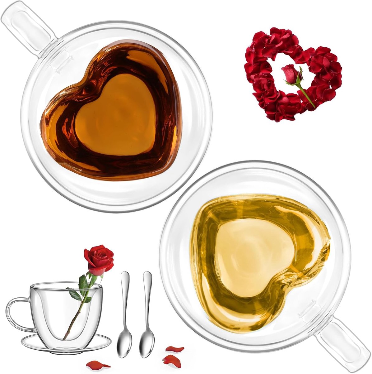 glastal Dubbelwandige espressokopjes, 150 ml, set van 2, koffieglazen, theeglazen met handvat en schotel, hartmok voor melk, sap, cadeau voor vrouwen, vriend/in paren voor verjaardag, bruiloft
