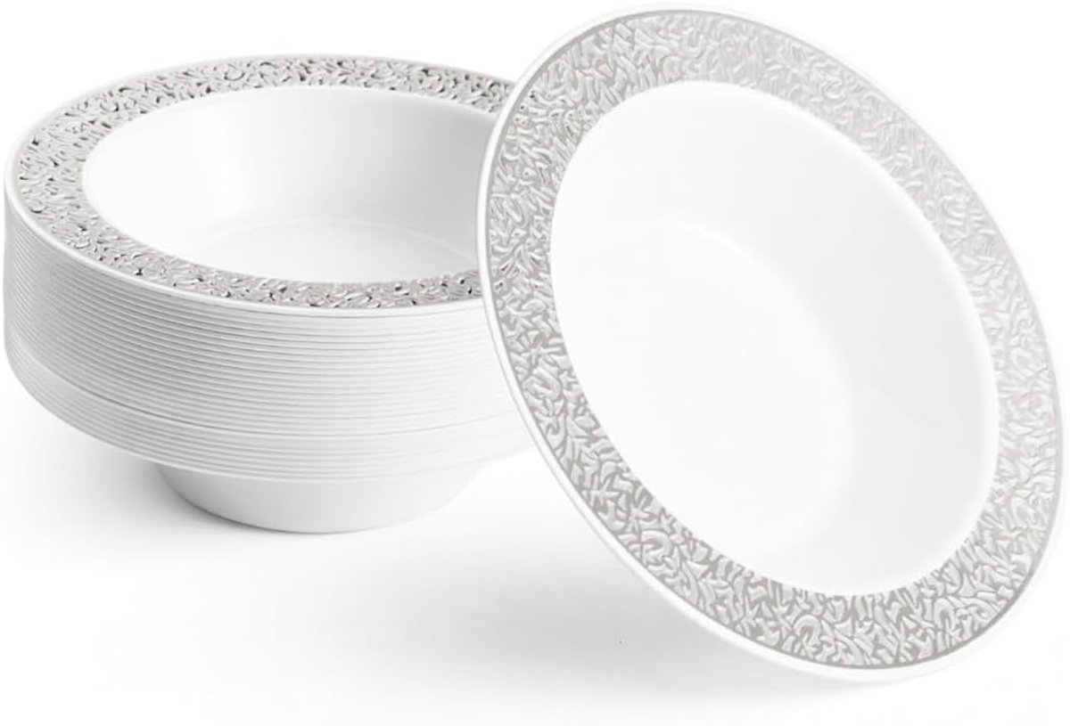 20 Premium Witte Kunststof Schalen met Zilveren Rand, 360ml - Elegant, Stevig en Herbruikbaar - Bruiloften, Verjaardagen, Doop, Kerst, BBQ, Feesten