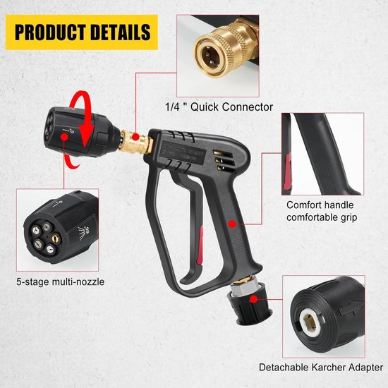 Hogedrukreiniger-pistool met 5-in-1 watersproeipunt, waterwasreiniger voor autoreinigingsset, Power Wand 4000 PSI, M22 14 mm en hogedrukslang-snelaansluiting — afbeelding 3
