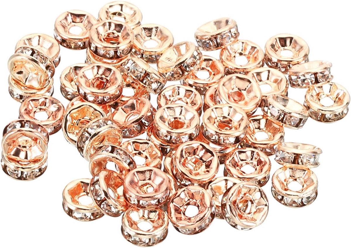Kralen, 100 stuks Kraal Spacers Rondelle Spacer Kralen, Kleine Ronde Bulk Glazen Kralen met Rijnsteen, Kristal voor DIY-sieraden, Roze Goud