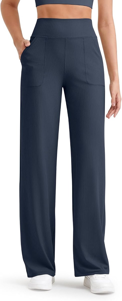 Ademende Geribbelde Vrouwen Casual Brede Pijpen Broek met Zakken Lichtgewicht Hoge Taille Yoga Broek Petite/Regular/Tall