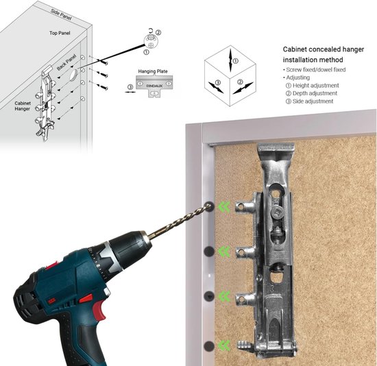 TRASER-6 Paar Verstelbare Onzichtbare Hangers voor Opgehangen Meubels - DIN 68840 Gecertificeerd - Nikkel Materiaal - 65kg Draagvermogen - Eenvoudige Installatie - Complete Montageset — afbeelding 4