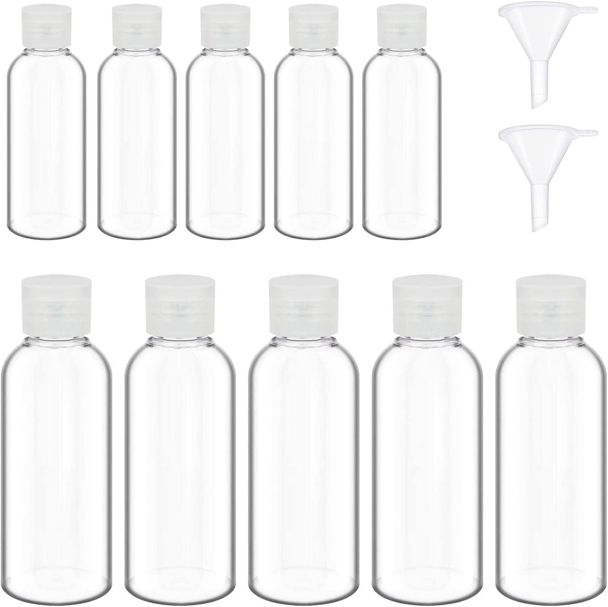 10 stuks reisflessenset, transparante kunststof lege fles, lekvrije reiscontainer navulbare vloeistofcontainer met 2 trechters voor lotionshampoo, 50 ml + 100 ml, S, transparant, S