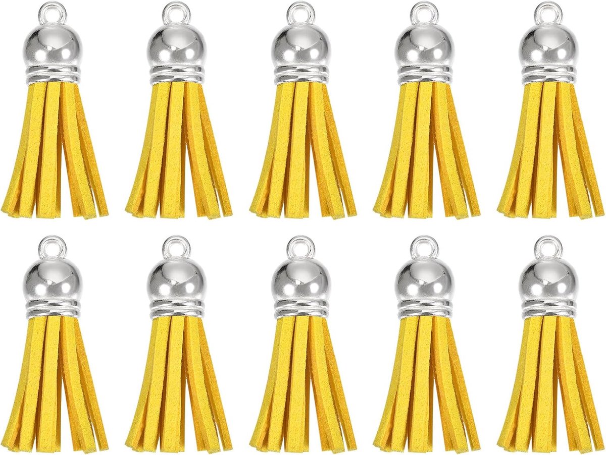 Kwastjes 3,8 cm met zilveren capuchon, voor sleutelhangers, armbanden en sieraden, geel