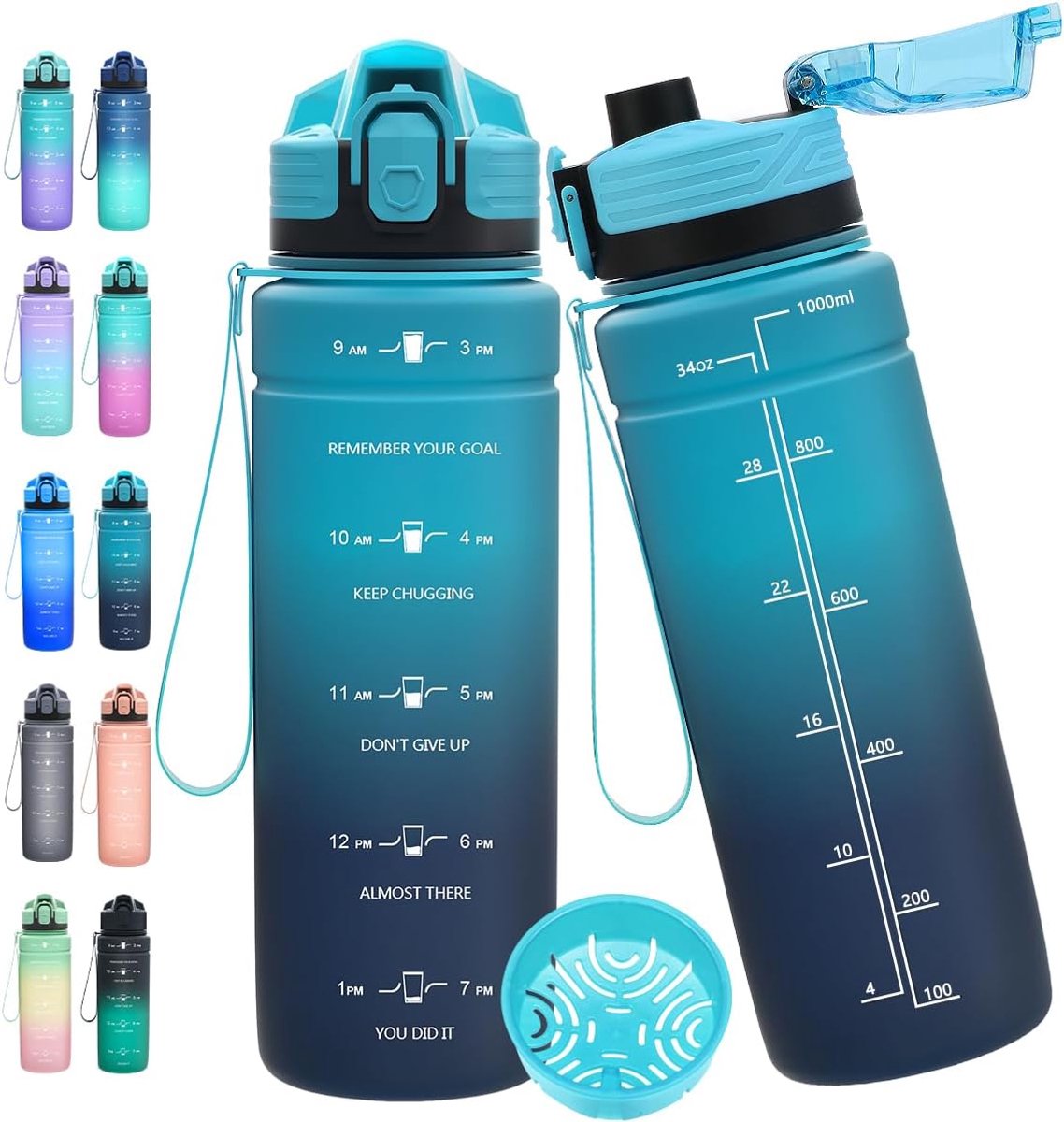 Waterfles, 1 liter/500 ml/700 ml/1500 ml, motiverende waterfles met tijdmarkering en schaal, BPA-vrije tritan, geen rietje, sportfles voor tiener, volwassene, sport, sportschool, fitness
