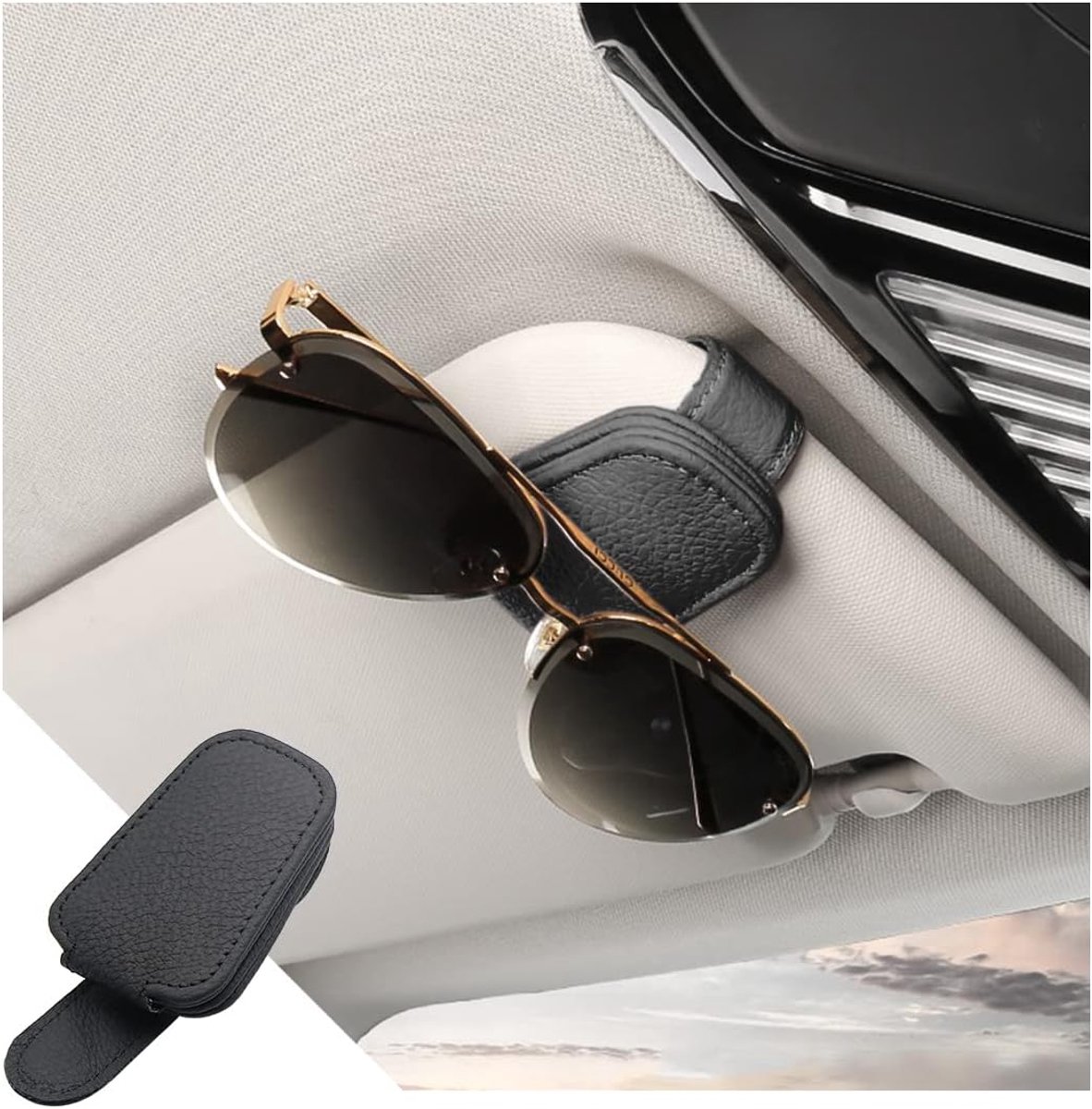 Zonnebrilhouder voor auto zonneklep, automatische magnetische lederen bril hanger clip, voertuig universele ticketkaart opslag clip bril mount, multifunctionele auto vizier accessoires (zwart)