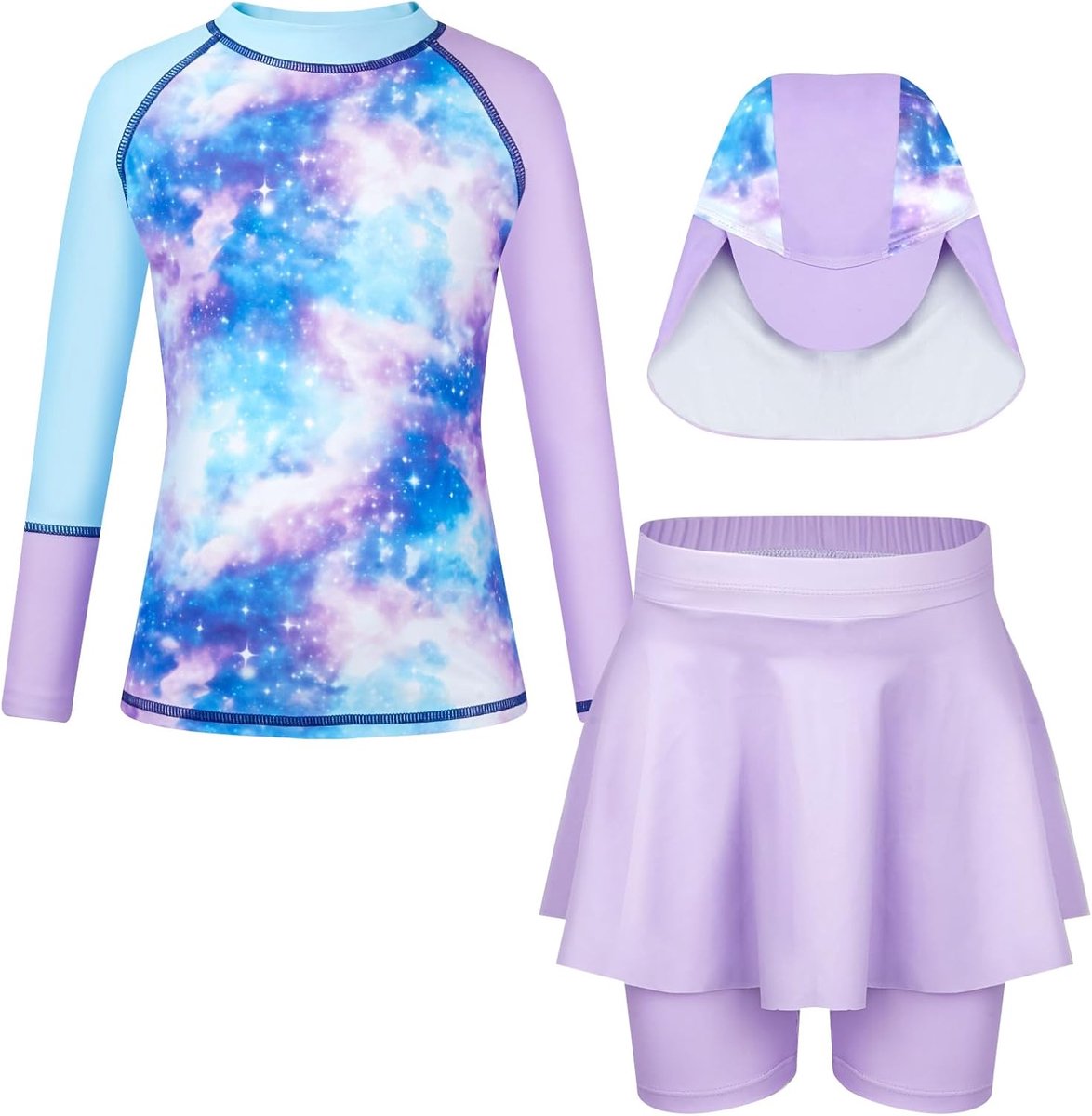 Badpak meisjes 3 stuks UV-bescherming kleding kinderen lange mouwen badmode set Rash Guard met ruches trim zwembroek voor meisjes 4-9 jaar