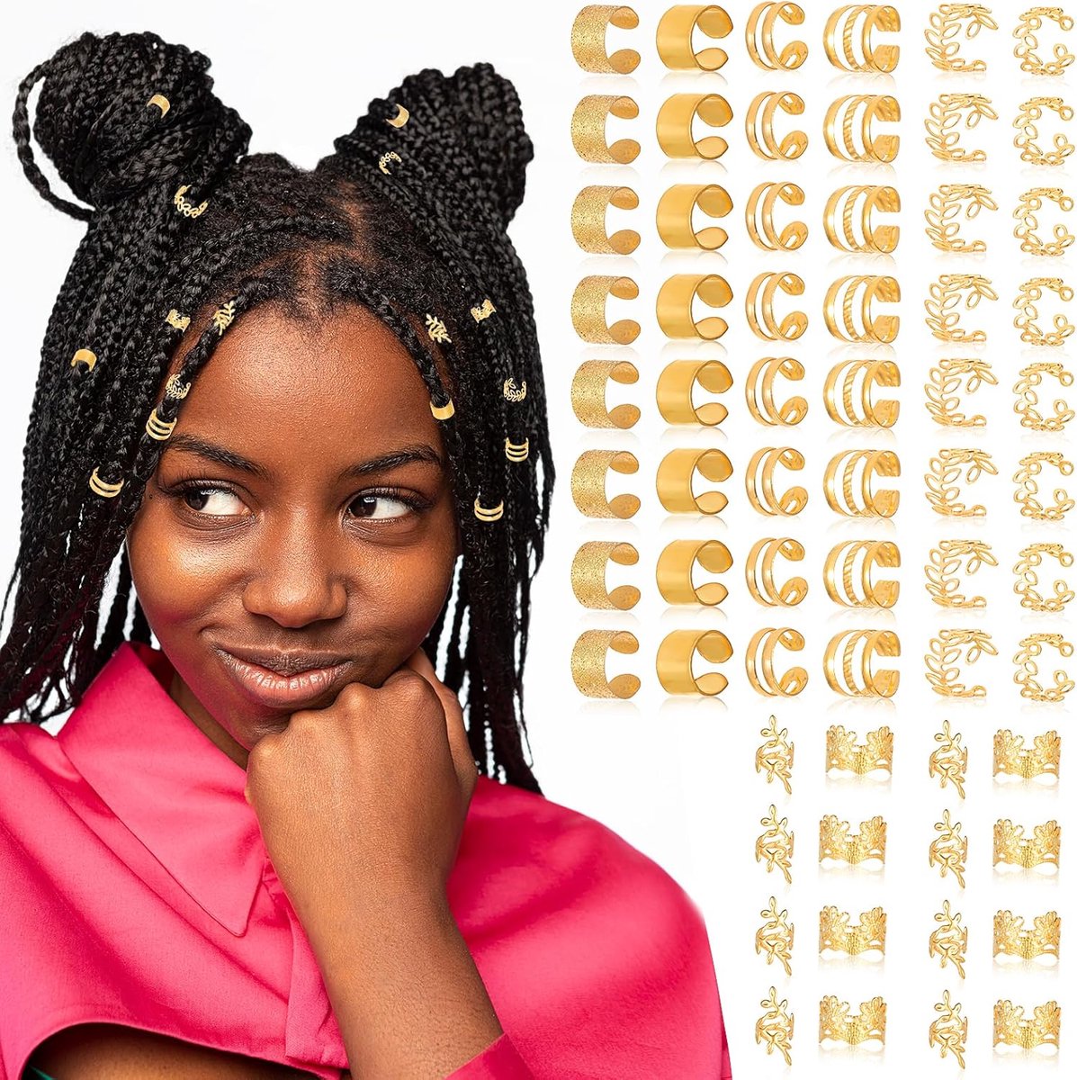 64 stuks gouden haarsieraden, ringen, dreadlocks, vlechten, piraat, verstelbare haarringen, festival, accessoire