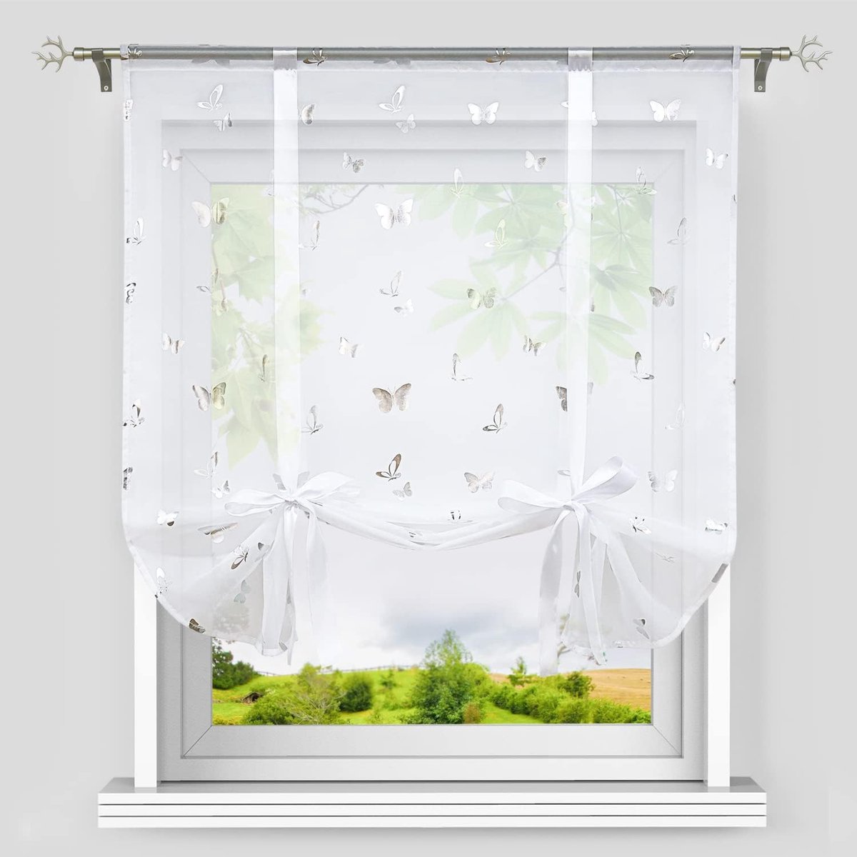 Vouwgordijn met trekkoord, voile, modern klein venster, keukengordijn, glanzend vlinder-decoratiepatroon, zilver, 100 x 140 cm (b x h)