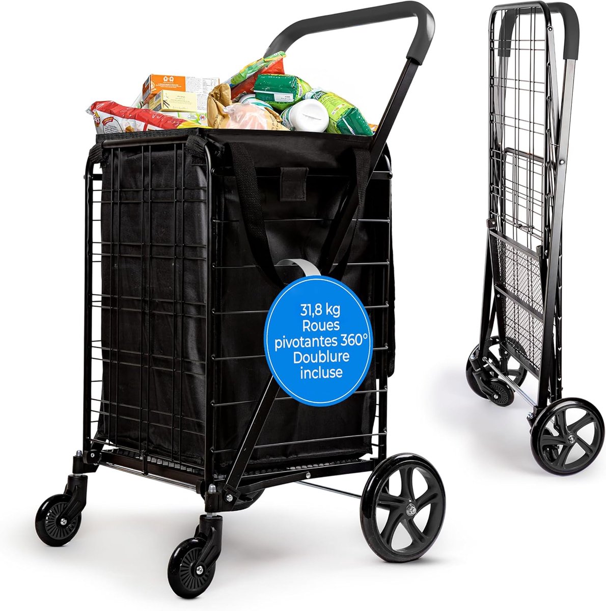 Boodschappentrolley, Opvouwbare Boodschappenwagen met Afneembare Waterdichte Voering, Compact & Lichtgewicht, 360° Zwenkwielen, Roestvrije Stalen Constructie, 32 kg Draagvermogen (Zwart)