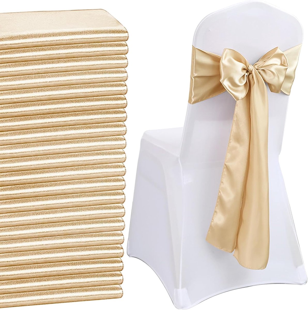 Set van 50 stuks salie groene satijnen stola covers, decoratieve boogstoelen, ontworpen voor bruiloftsstoel, verjaardag, banket, feest (beige)