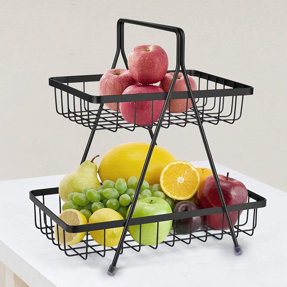 Plantex Hoogwaardige stalen 2-laags fruit- en groentemand voor eettafel/keuken (zwart)