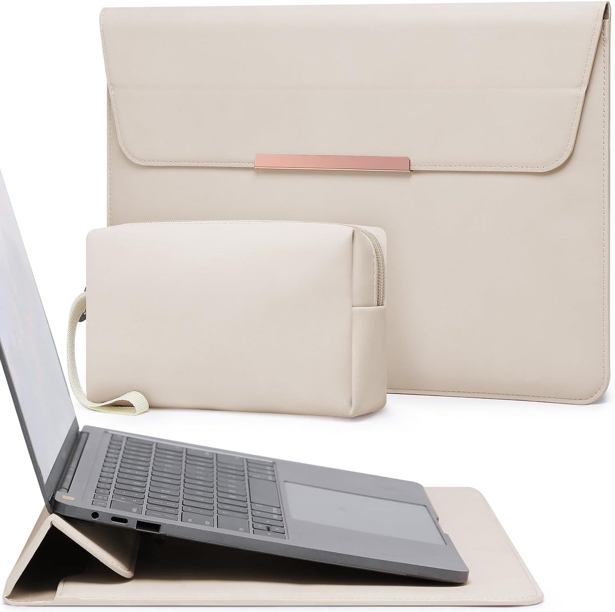 15 Inch Laptophoes Hoes Tas met Standaardfunctie, Beige | voor MacBook Air 15 M5 A3448 M4 A3241 M3 A3114 M2 A2941 2026-2023, MacBook Pro 15, 15" Surface Laptop 7/6/5/4/3