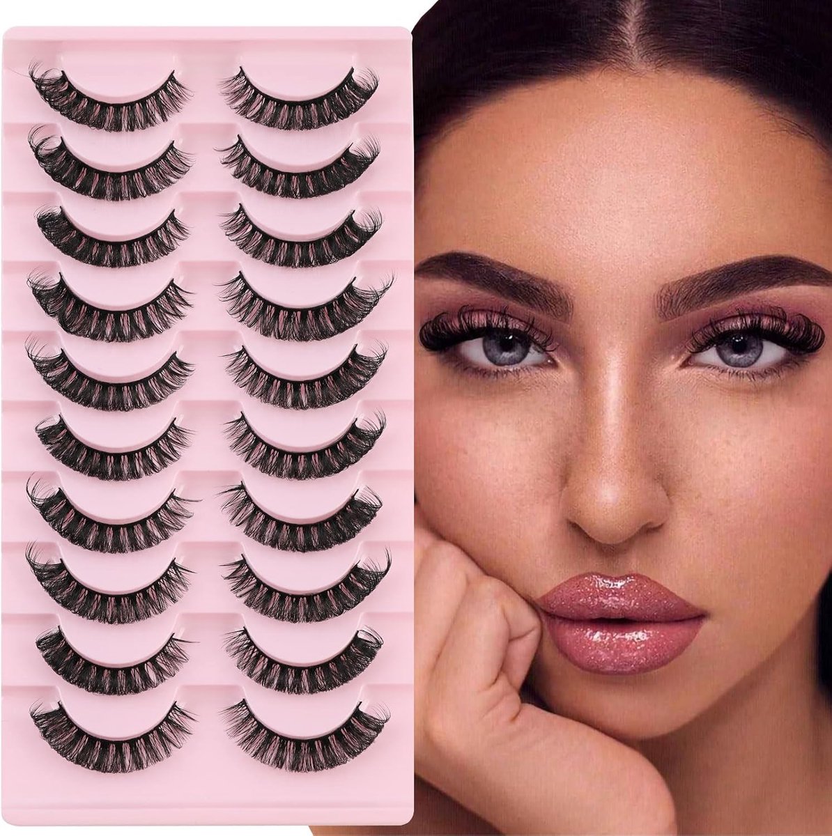 Valse wimpers, 3D, natuurlijke look, Russische strip, kunstwimpers, kattenoog, kunstwimpers, 10 paar, D-krul, pluizige valse wimpers, cateye natuurlijke krullend, kattenoog, kunstwimpers