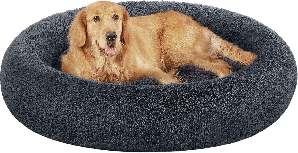 donzig hondenbed, kattenmand, donutkussen, wasbaar, uitneembare middenvulling, lang pluche, 120 cm diameter, donkergrijs PGW043G02