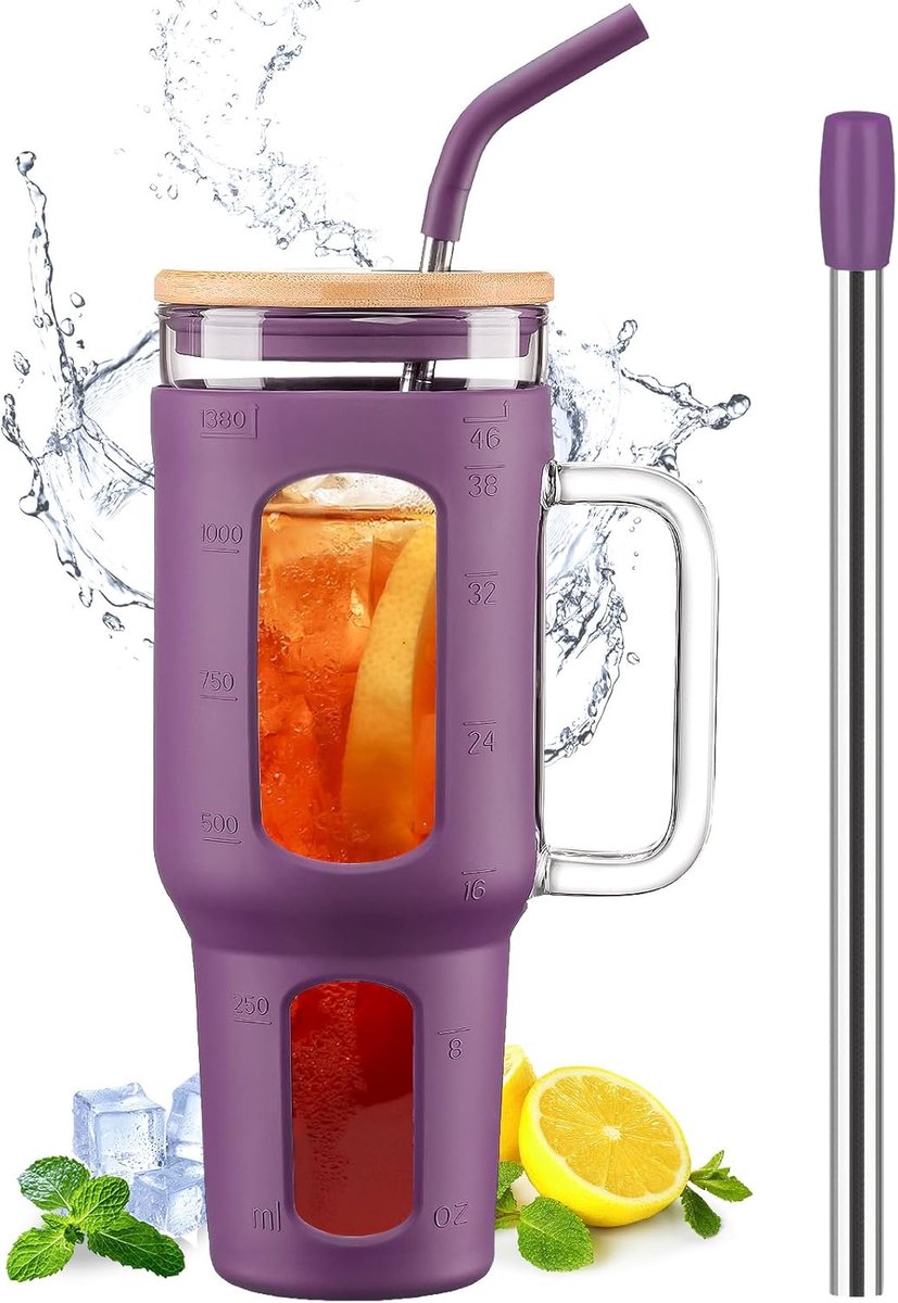 Tumbler Beker met deksel en rietjes, 1400 ml, koffiebeker voor onderweg met handvat, drinkbeker met siliconen hoes, 1,4 l drinkbeker met 2 rietjes, BPA-vrij, paars