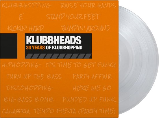 Oranje platencover met zwarte tekst. "KLUBBHEADS 30 YEARS OF KLUBBHOPPING" in het midden.