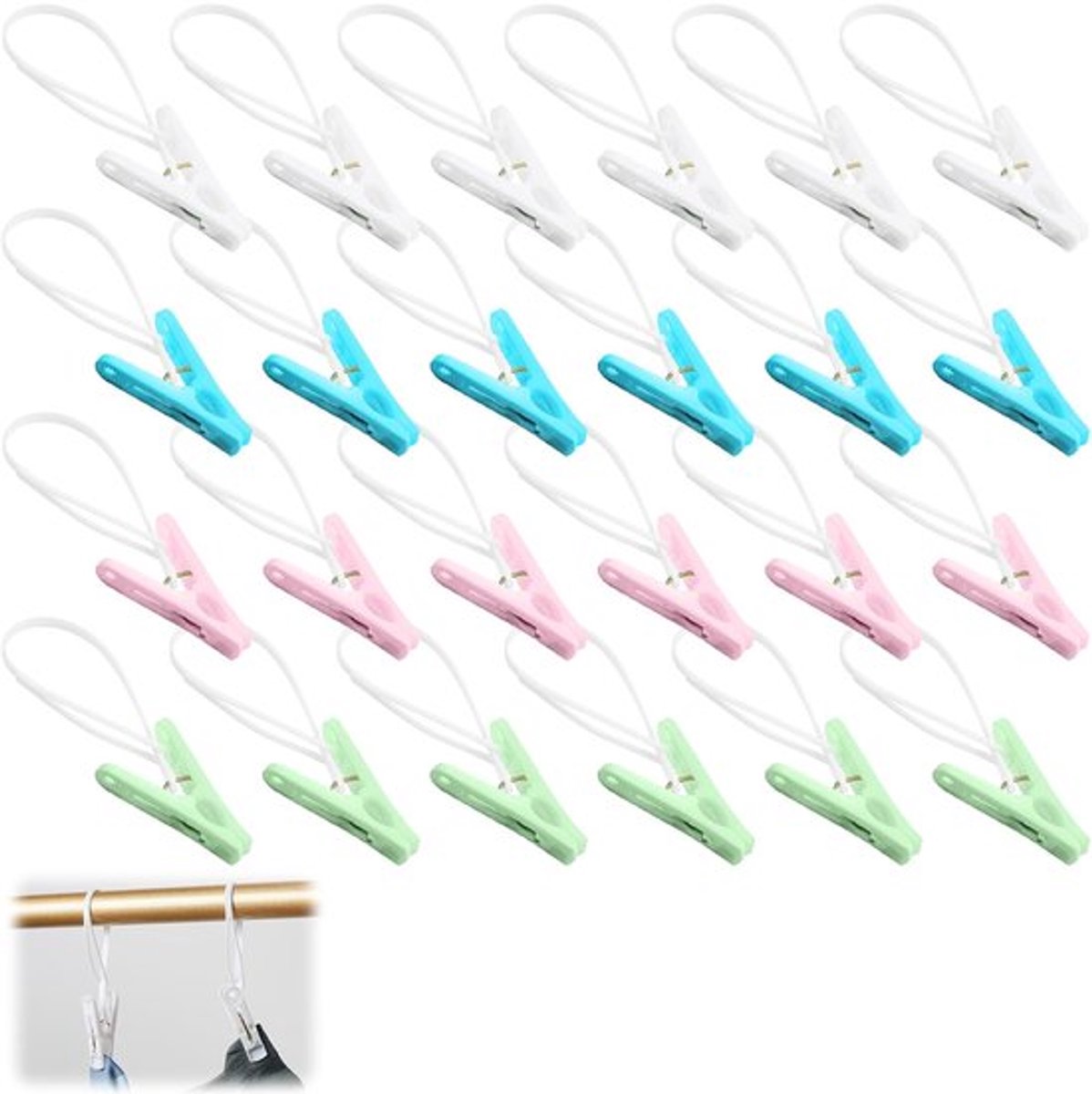 Wasknijpers 24 stuks - Antislip PP Kunststof/Metaal - Verstelbare Ophangkoord - Duurzaam/Weerbestendig - Ergonomische Grip - Krachtige Veer - Wasclips