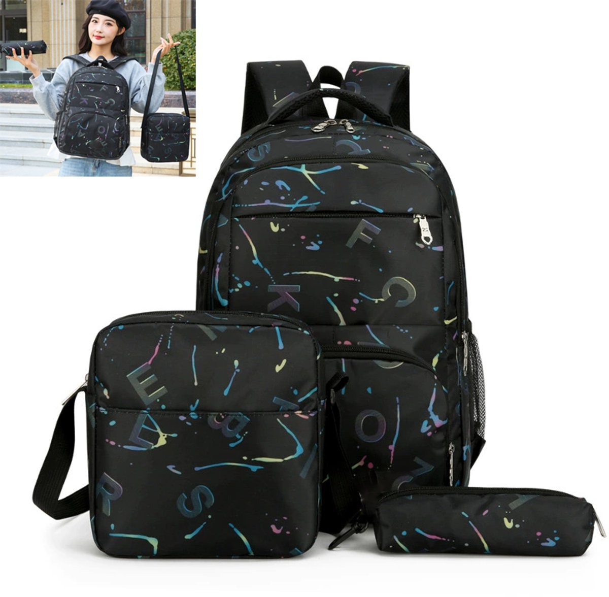 KZQ 3-delige schoolrugzakset 18 inch met lunchtas en etui - Letterprint patroon - Geschikt voor studenten en dagelijks gebruik - Zwart