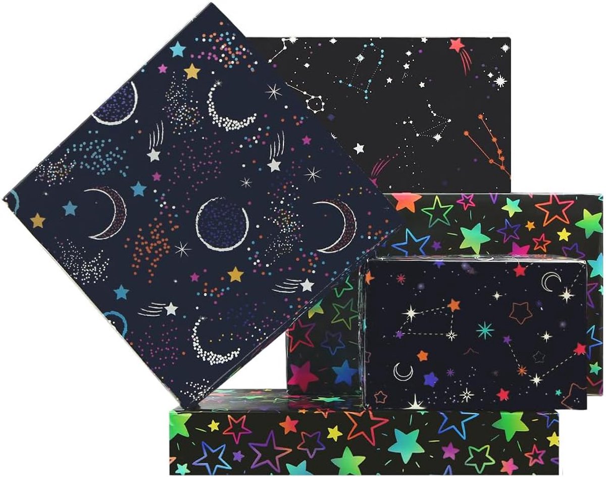 Inpakpapier sterrenhemel 4 vellen - sterrenbeeld design - kleurrijk en opvallend - perfect voor verjaardagen - SnelShoppen