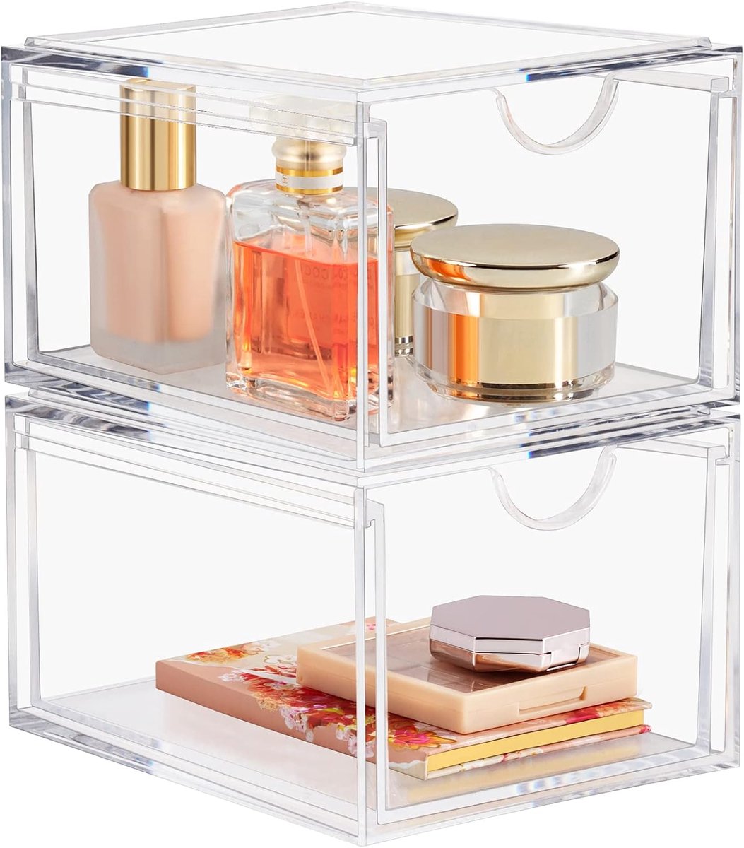 2 stuks organizer lade stapelbaar acryl, 20% dikke transparante make-up badkamer organizer, make-up opbergdoos voor cosmetica, huidverzorging, spoelbak, bureau en commode