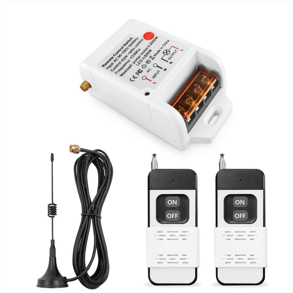 Draadloze pomp/motor afstandsbedieningsschakelaar, AC 240V 230V 220V 3000W relaisontvanger en 2 zenders, regelbereik tot 100-300 meter, voor verlichting/waterpomp/motor