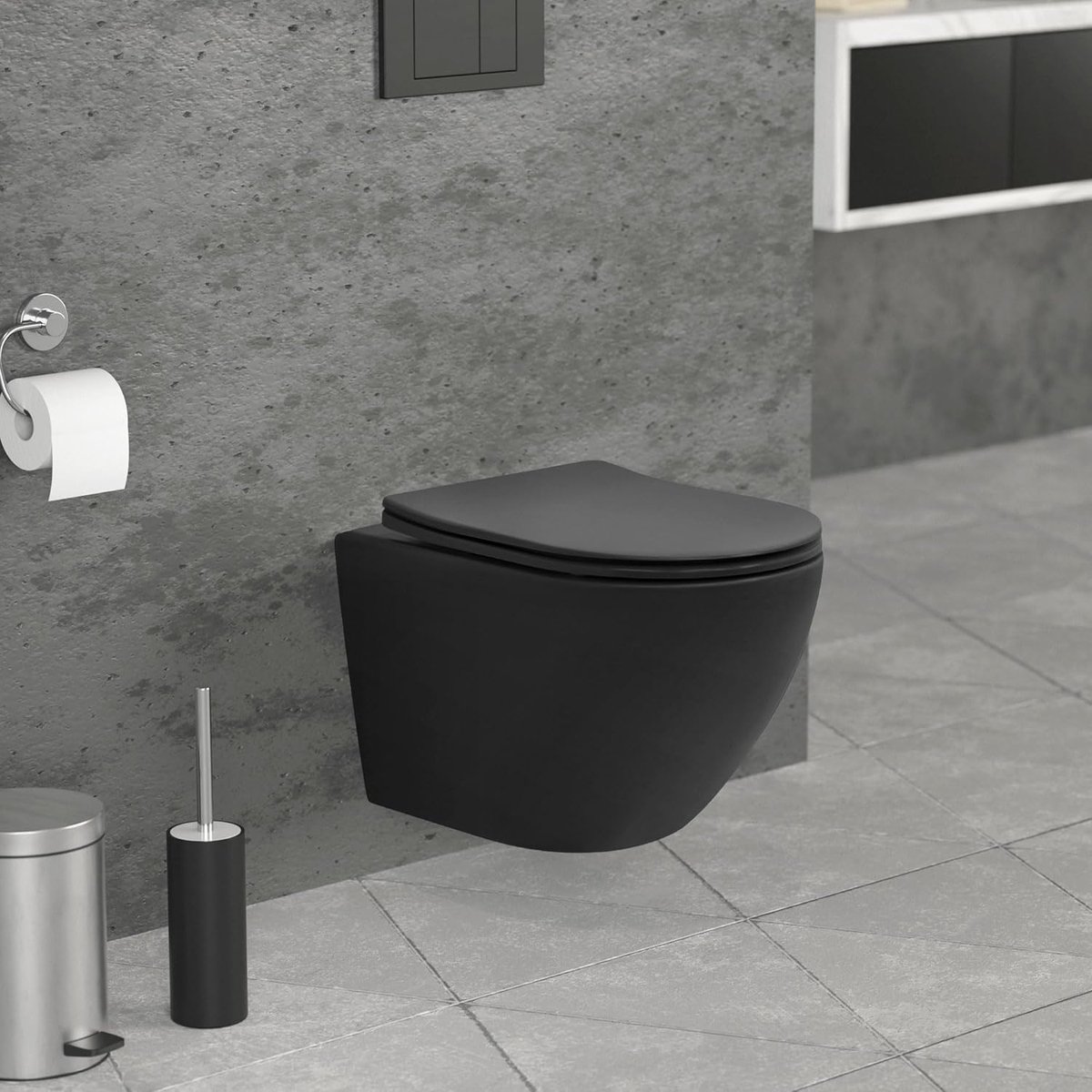 wandcloset randloos, zwart, diepspoel keramisch wandcloset, kort 49 cm, toilet zonder spoelrand met nano coating, tornado spoeling, glanzende hangende toiletpot met soft-close toiletzitting