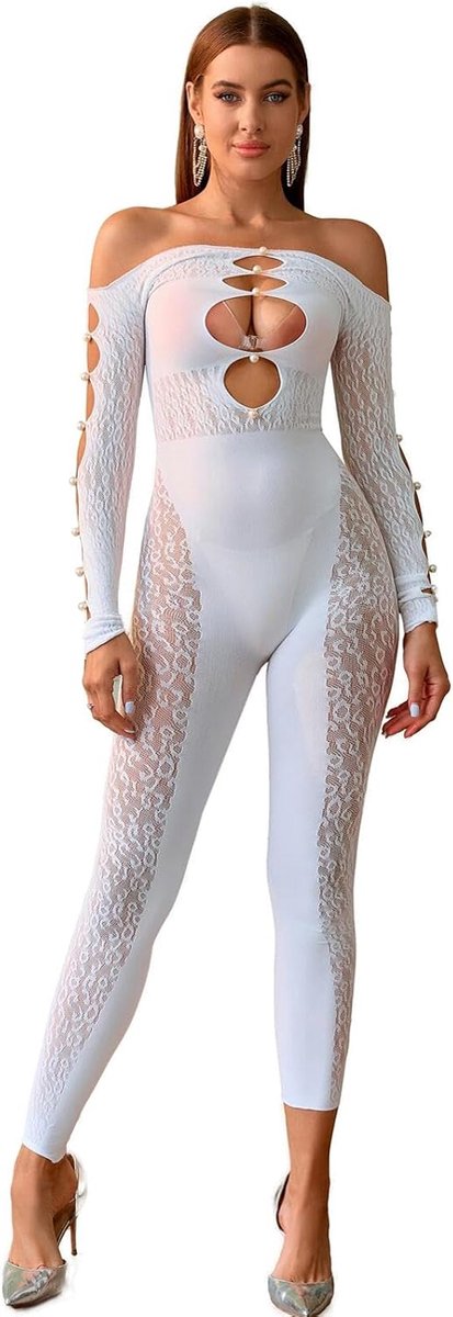 Fairy Sexy rave outfits voor dames, lange mouwen, visnet met lichte kunstparels, strak, eendelig, eenheidsmaat