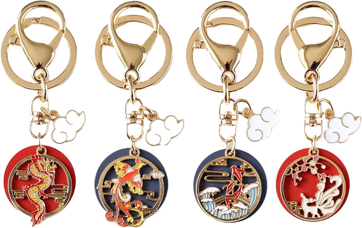 4-pack Chinese Feeënbeest-sleutelhangers, Draak en Feniks Koppelhanger, Retro Trendy Koi-sleutelhanger, Symboliseert Geluk en Positieve Energie