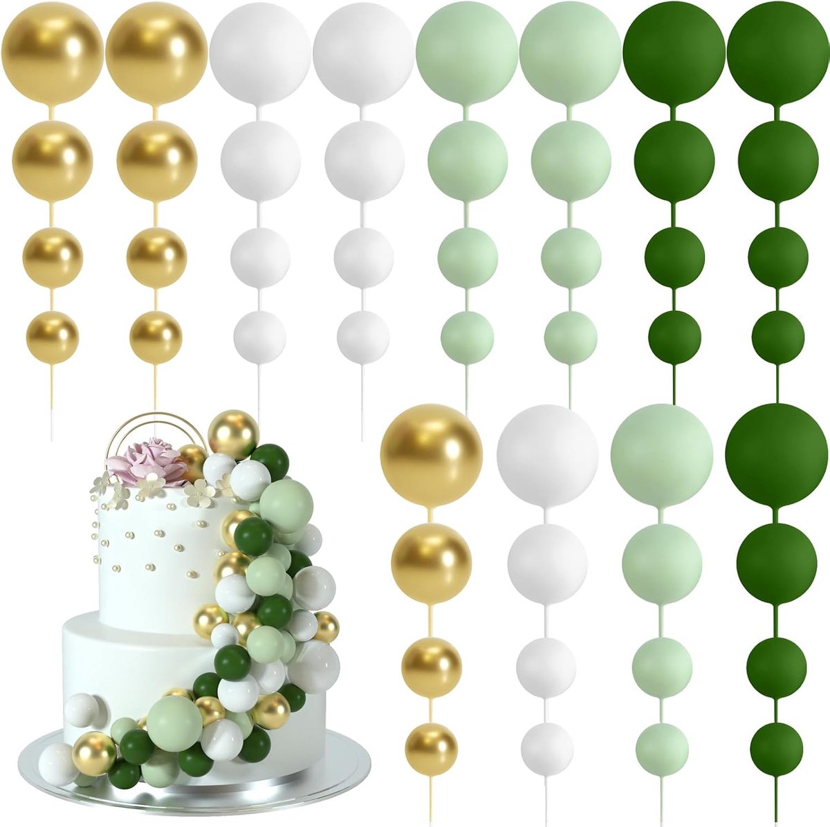 48 stuks taarttoppers, decoraties, ballon, cupcaketoppers, schuim, taarttopper, ballen, taartballen, decoraties voor verjaardagsfeest, bruiloft (groen, lichtgroen, wit, goud)