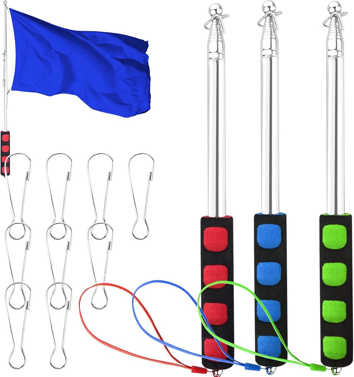 2 stuks telescopische vlaggenmast, 2 m handheld vlaggenmast met 9 clips | Vlaggenmast accessoires roestvrij staal set met 9 clips haken voor reizen camping excursies wedstrijden reisgids leraar